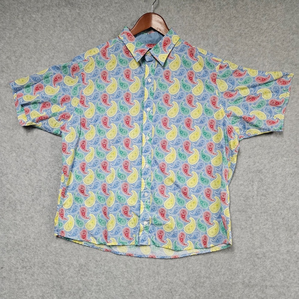 Cremieux Premium Denim Shirt Mens XL Paisley Short Sleeve Button Up Casual Party